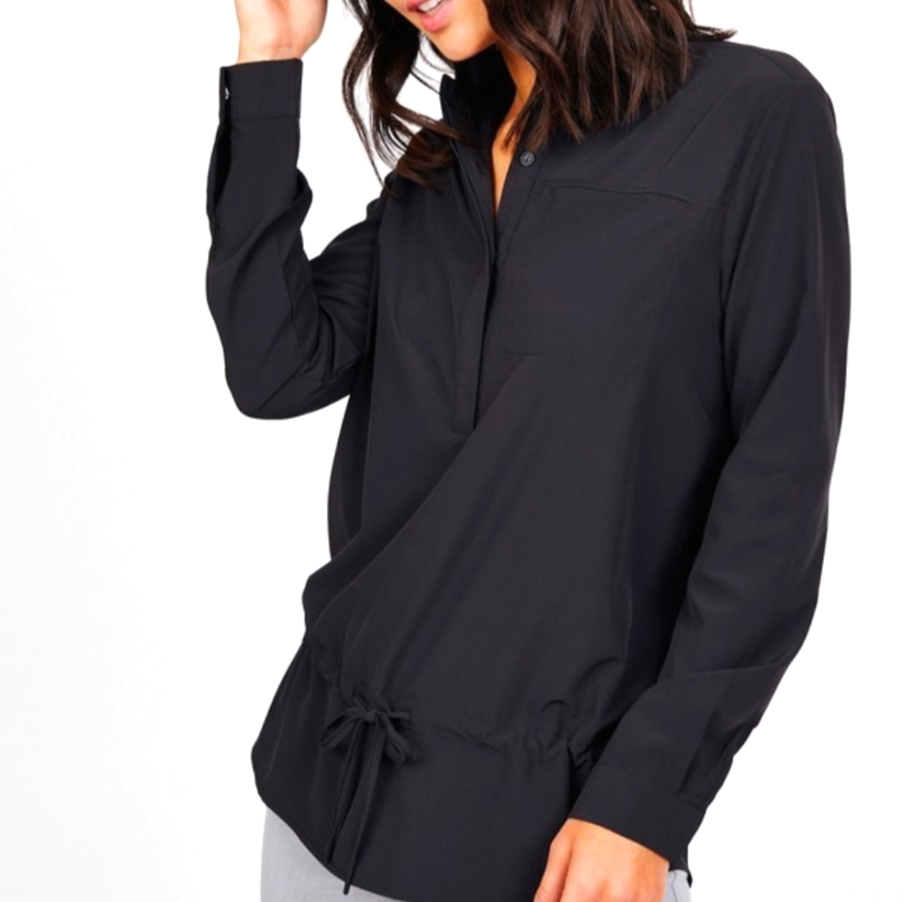 Niia Gathered Waist Top black button up blouse med